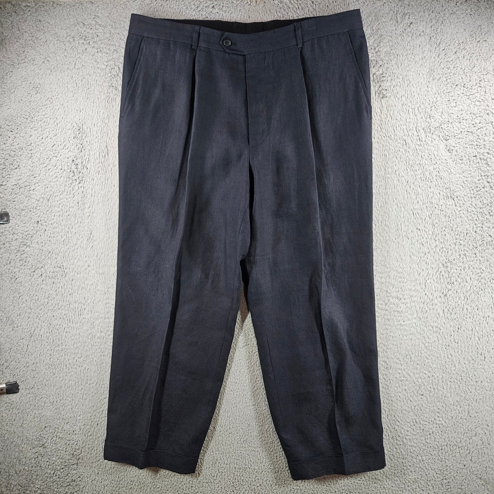Hugo Boss Dr. Hook Mens 38x28 Navy Blue 100% Linen Pleated Cuffed Dress Pants